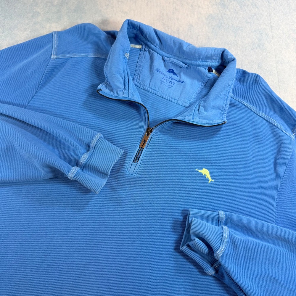 Tommy Bahama Quarter Zip Pullover Mens XXL Blue Excellent Ribbed Cotton Marlin